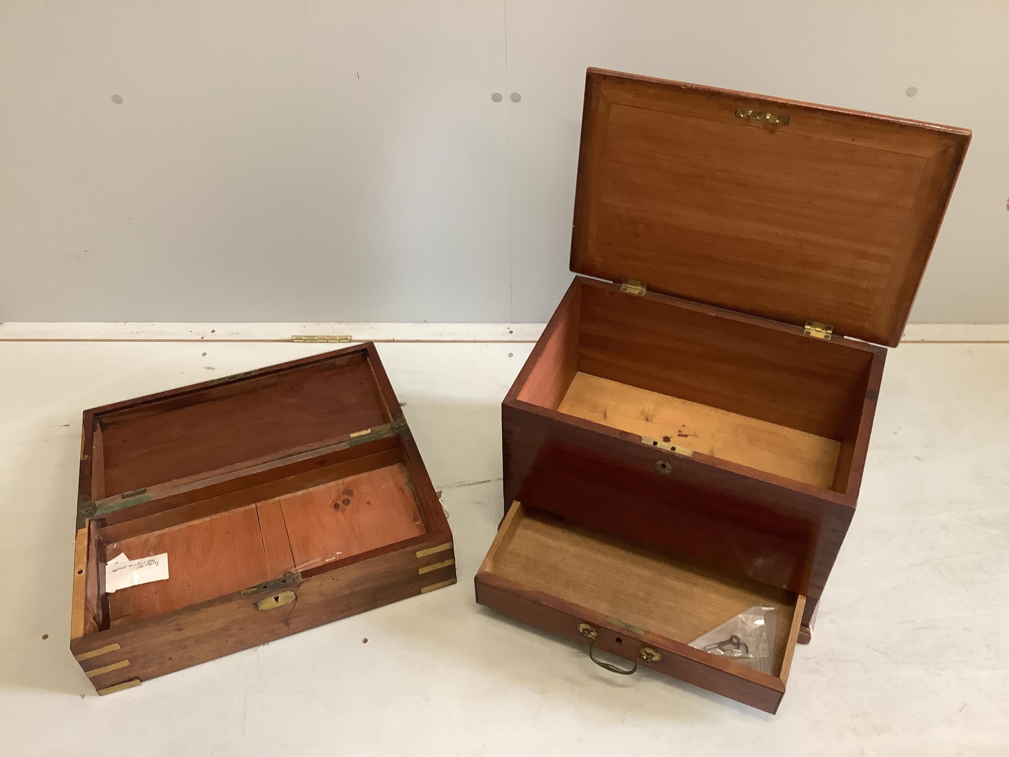 A 19th century mahogany decanter box, fitted drawer together with a Victorian brass mounted writing slope, lacking interior, larger width 45cm, depth 30cm, height 30cm. Condition - fair